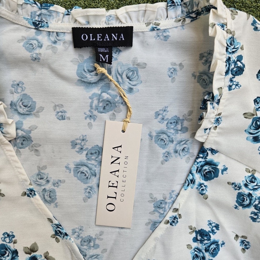 Oleana Top Women's Medium Cream/blue Floral Botton Up Tie Front - Picture 5 of 8